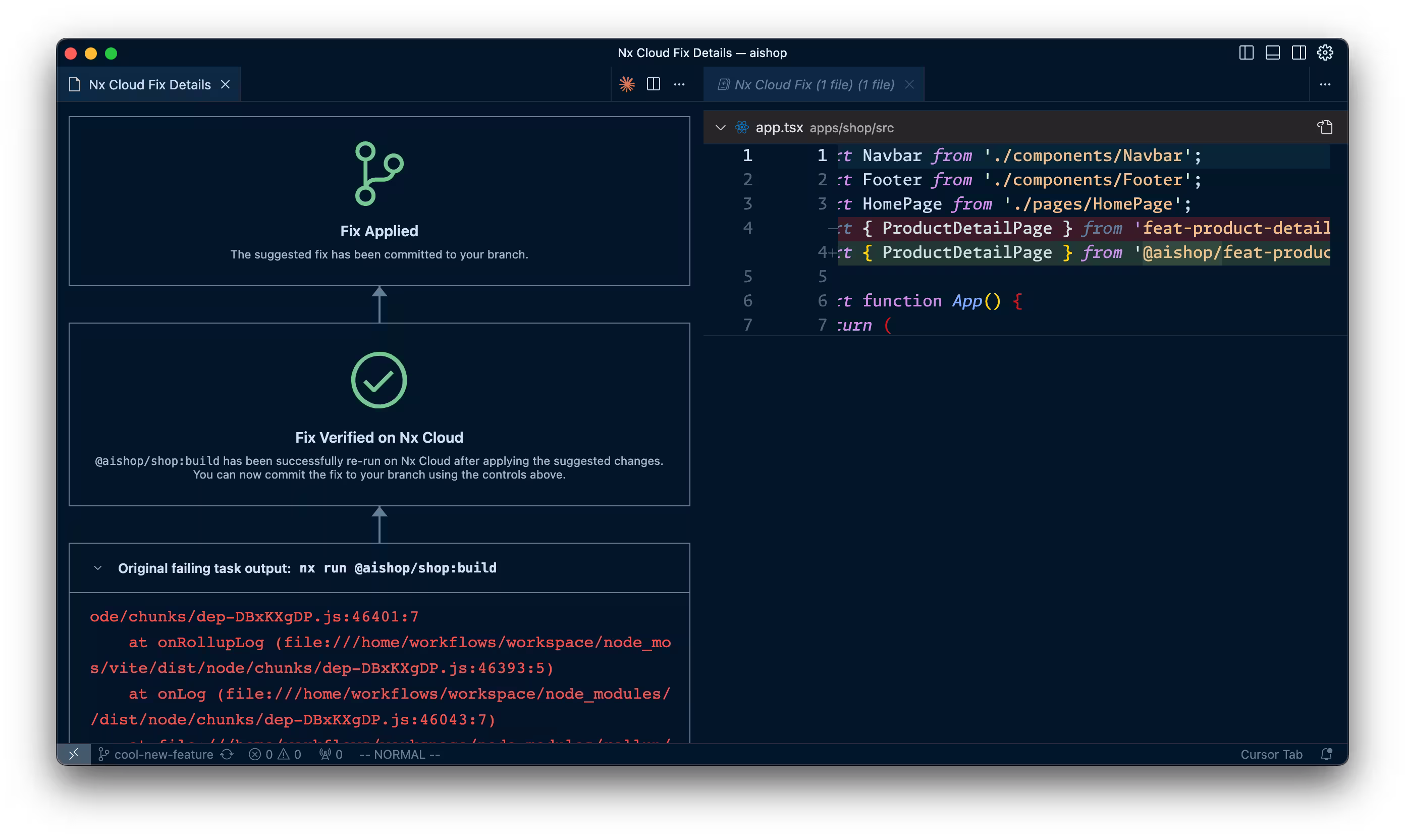 Nx Console view of the automated fix that has been applied to your PR